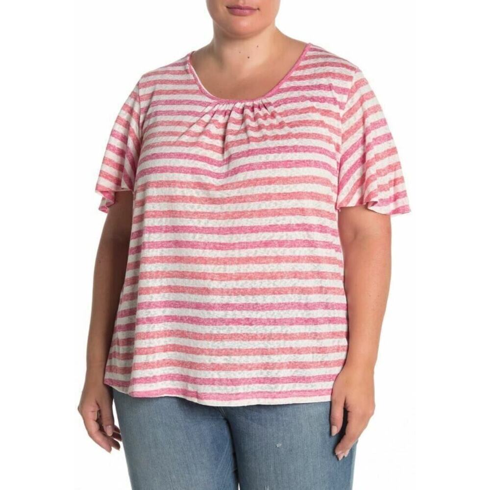 Bobeau Women's Coral Multi Stripe Short Flutter Sleeve Stripe‎ Top 3X MSRP $68